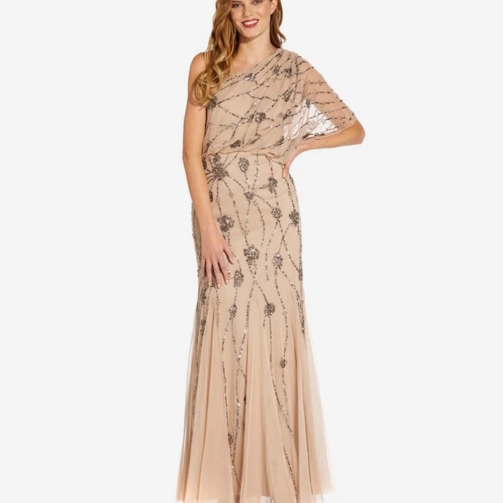 Adrianna Papell One Shoulder Beaded Gown in Nude